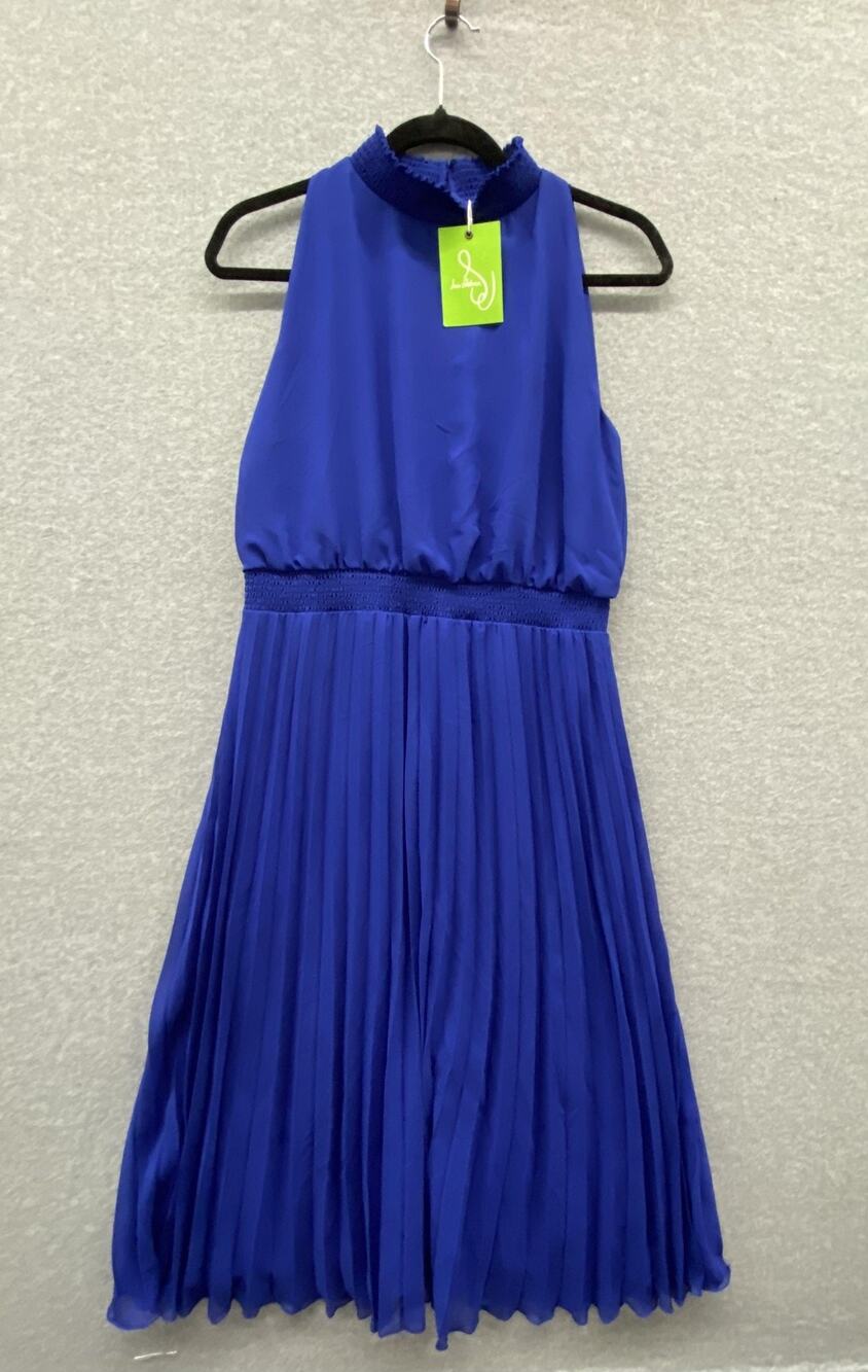 Sam Edelman Dress Womens 6 Cobalt Blue Smocked Plisse Midi Halter Pleated Party